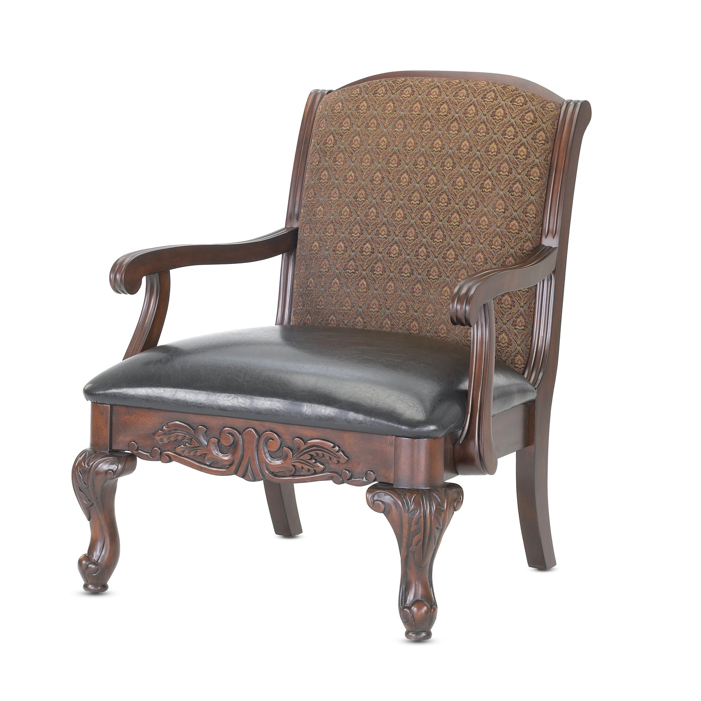 Ornate wooden armchair with dark leather seat and patterned fabric back
