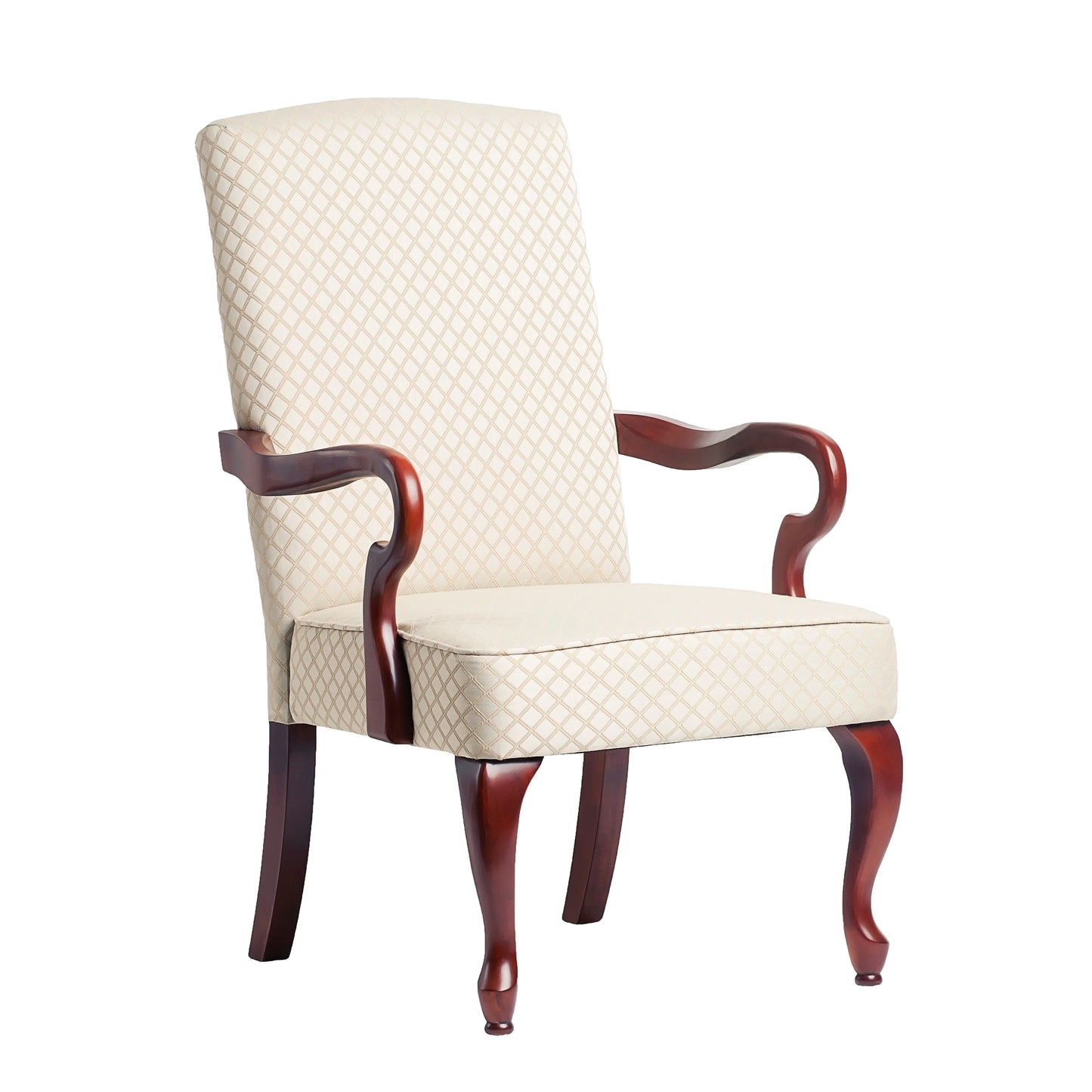 Elegant damask upholstered armchair with dark wood curved arms and carved legs