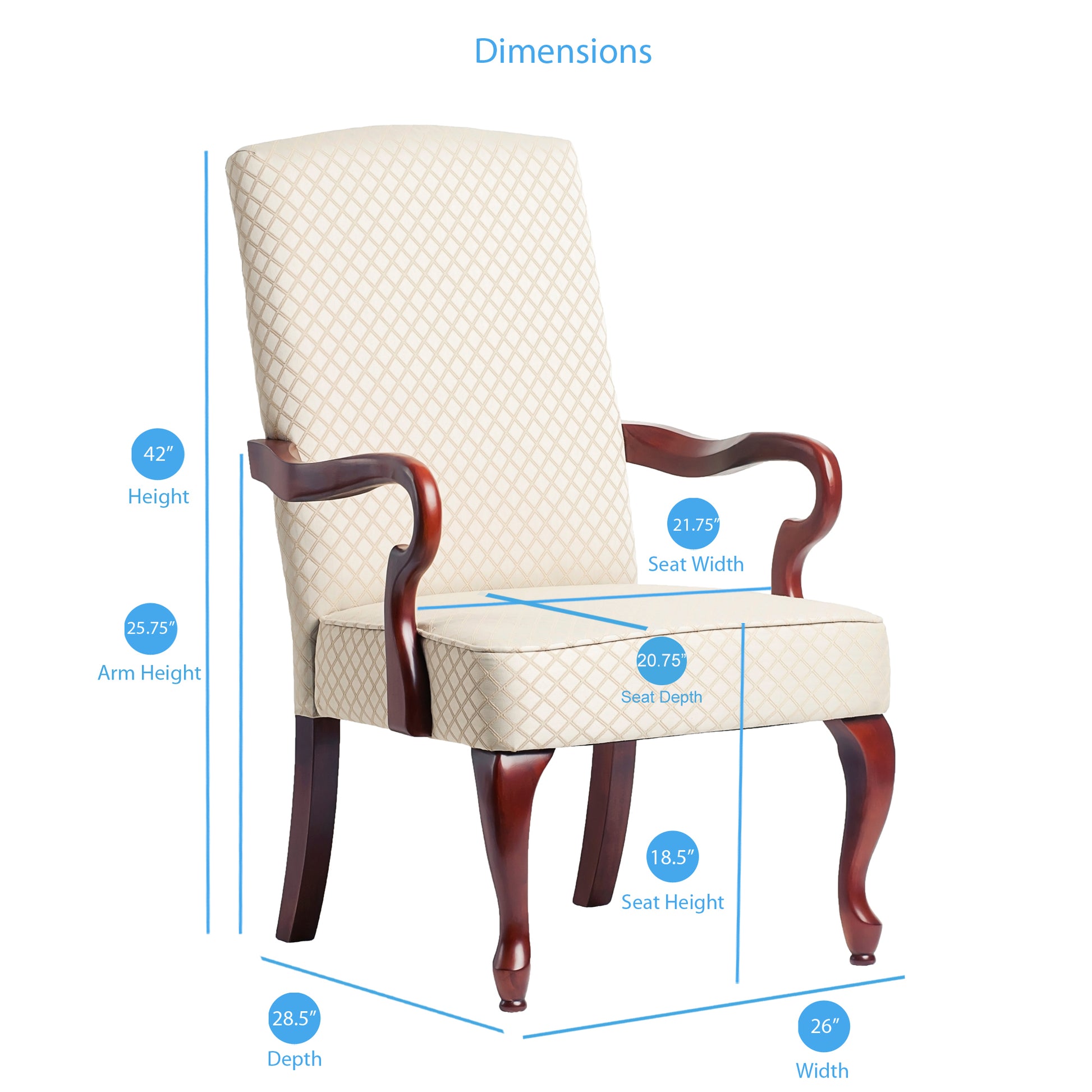 Cream upholstered wingback chair with diamond pattern dark wood arms and legs Dimensions shown