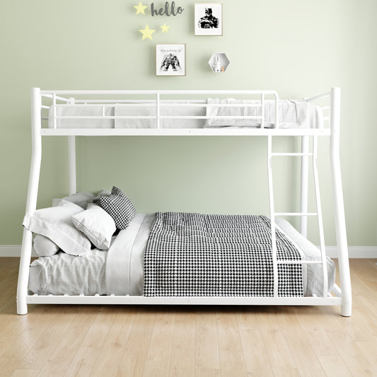 White metal bunk bed with ladder and houndstooth bedding