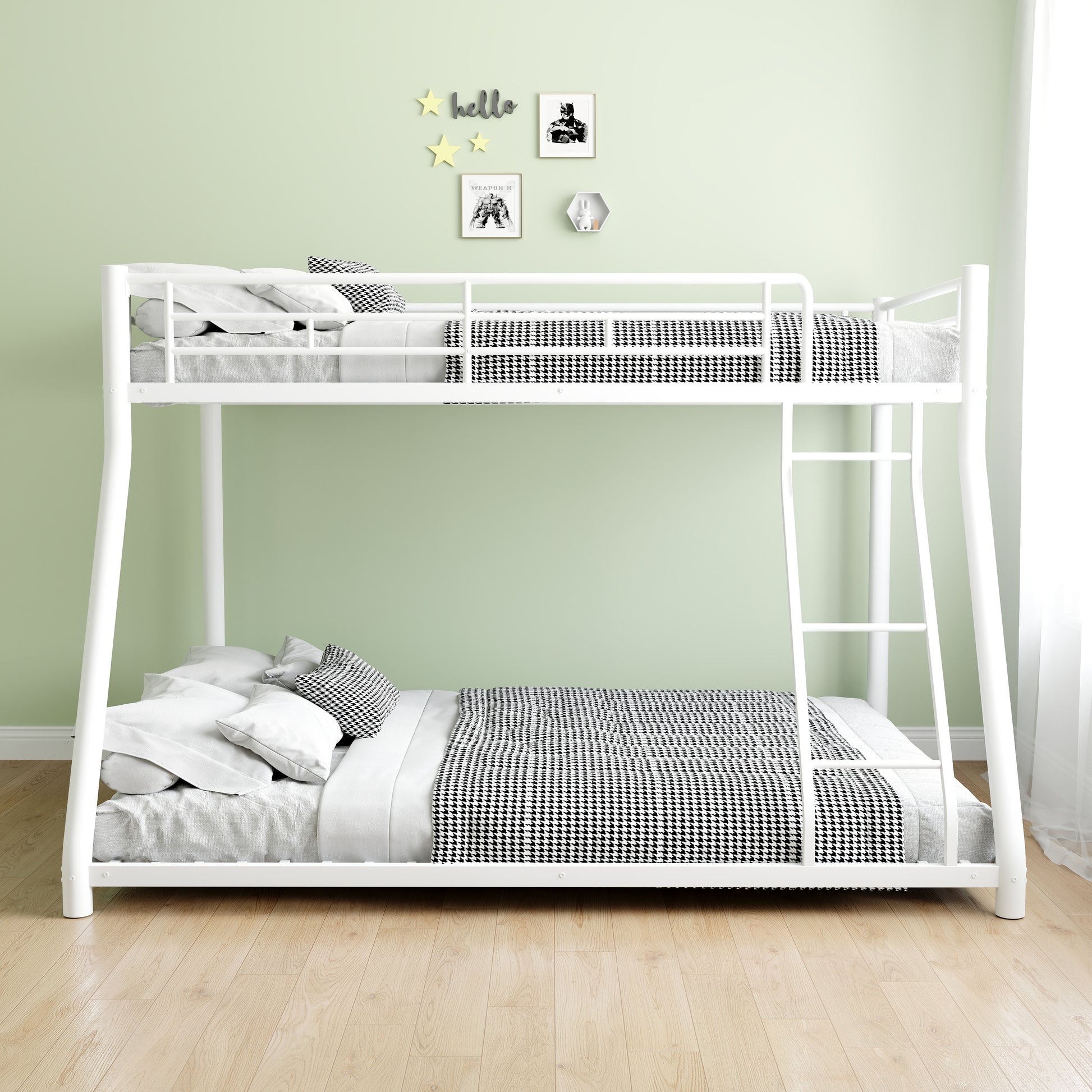 White metal bunk bed with houndstooth bedding