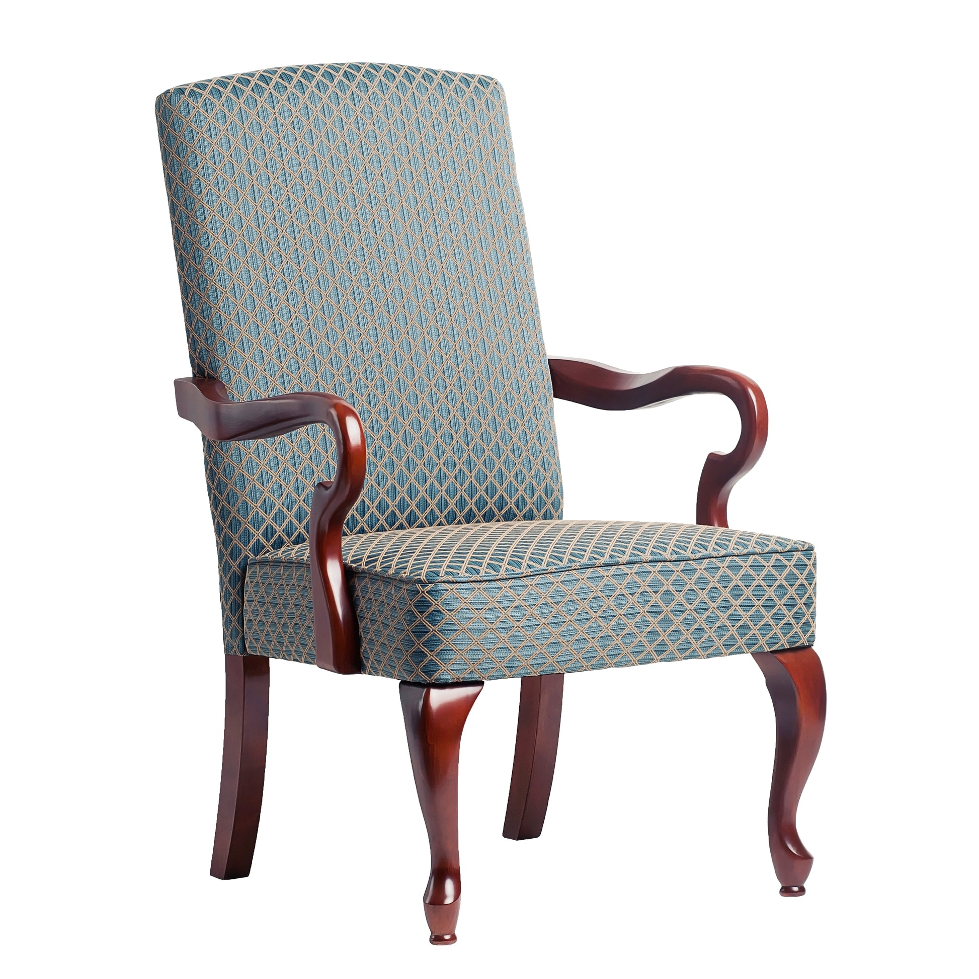 Elegant armchair with blue diamond patterned upholstery and dark wood legs perfect for a living room