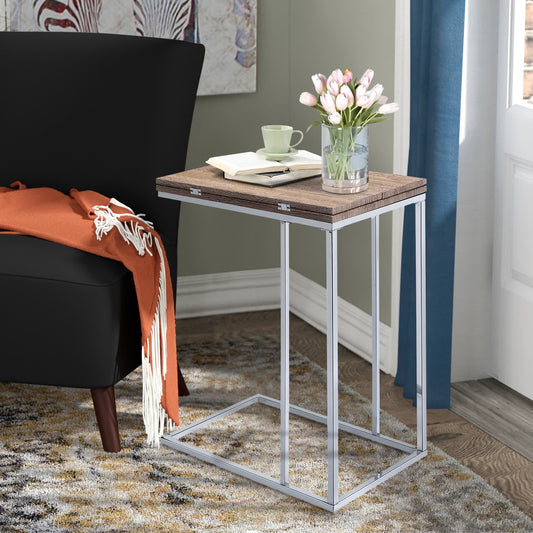 Cshaped side table with weathered oak finish top and chrome frame