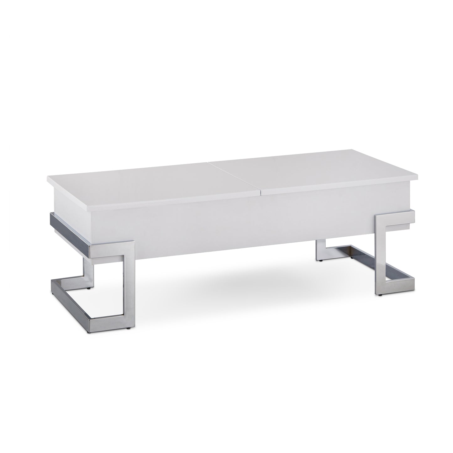 White modern lifttop coffee table with sleek chrome legs