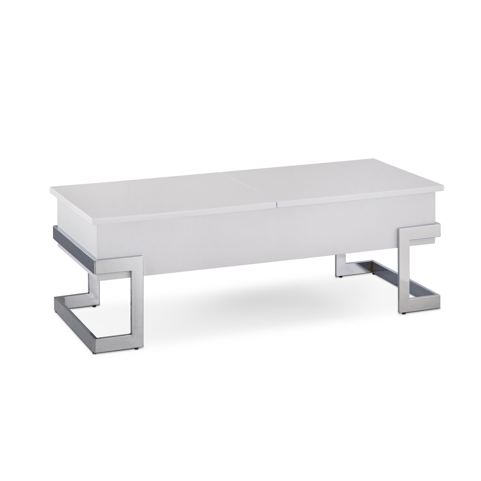 White modern lifttop coffee table with sleek chrome legs