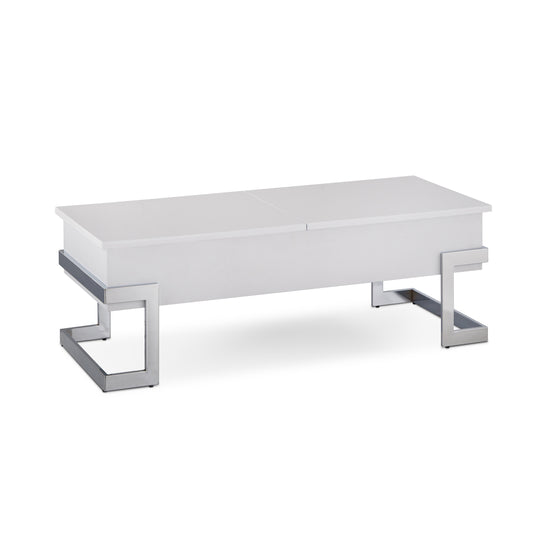 White modern lifttop coffee table with sleek chrome legs