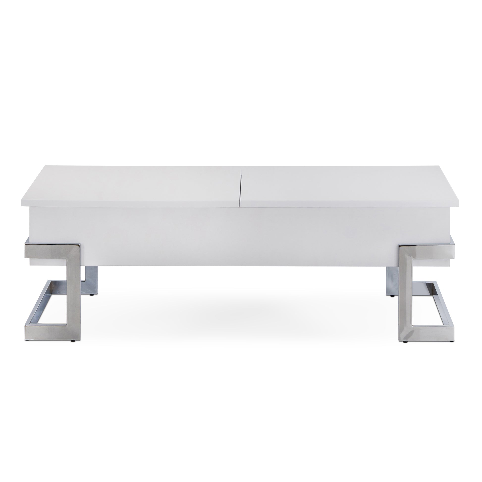White lifttop coffee table with sleek chrome metal legs perfect for modern living rooms