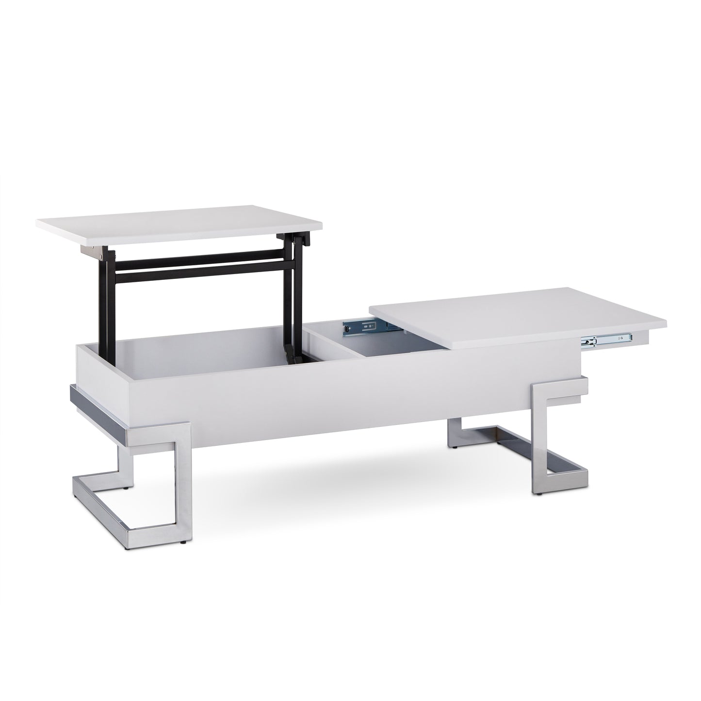 Modern white lift top coffee table with hidden storage and metal legs