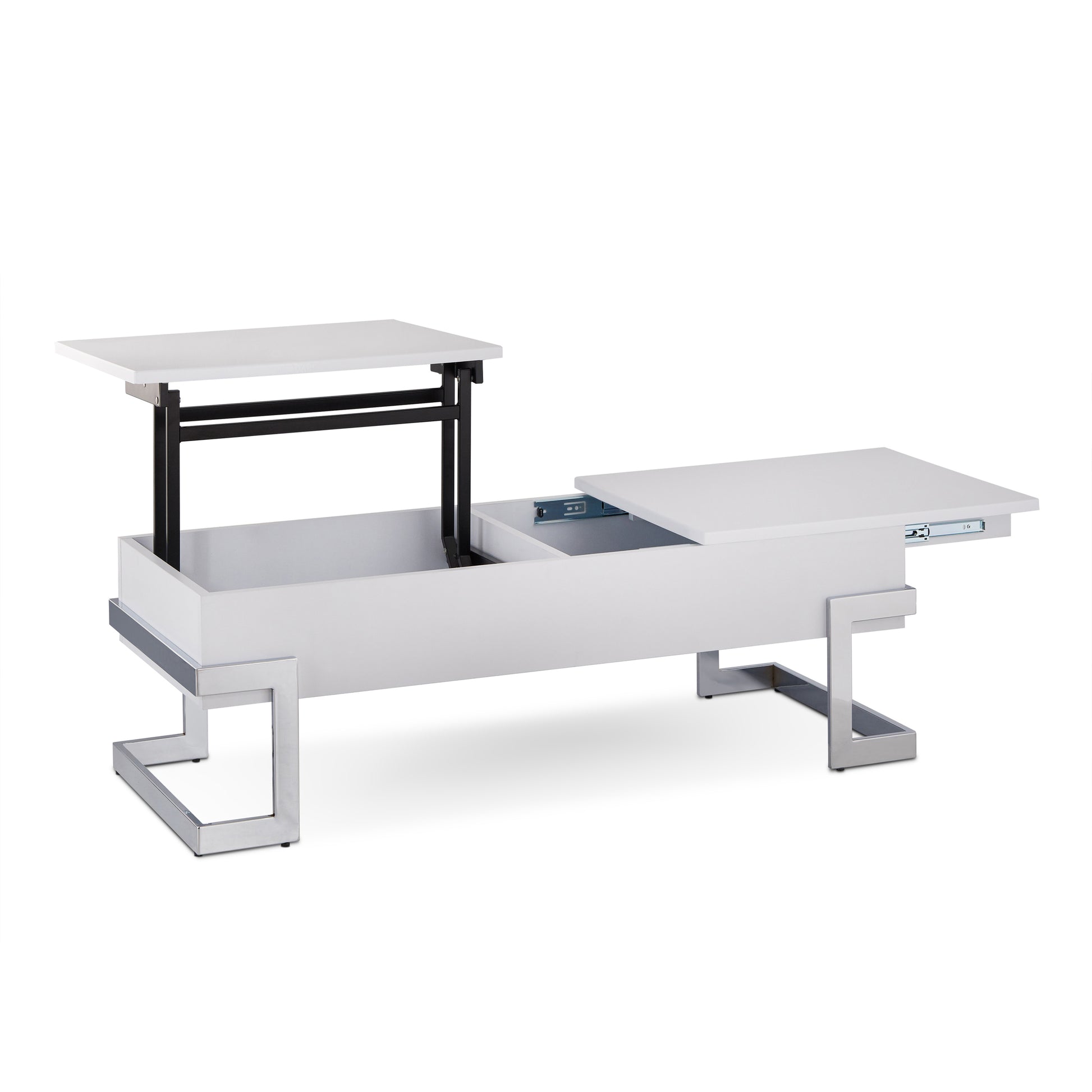 Modern white lift top coffee table with hidden storage and metal legs