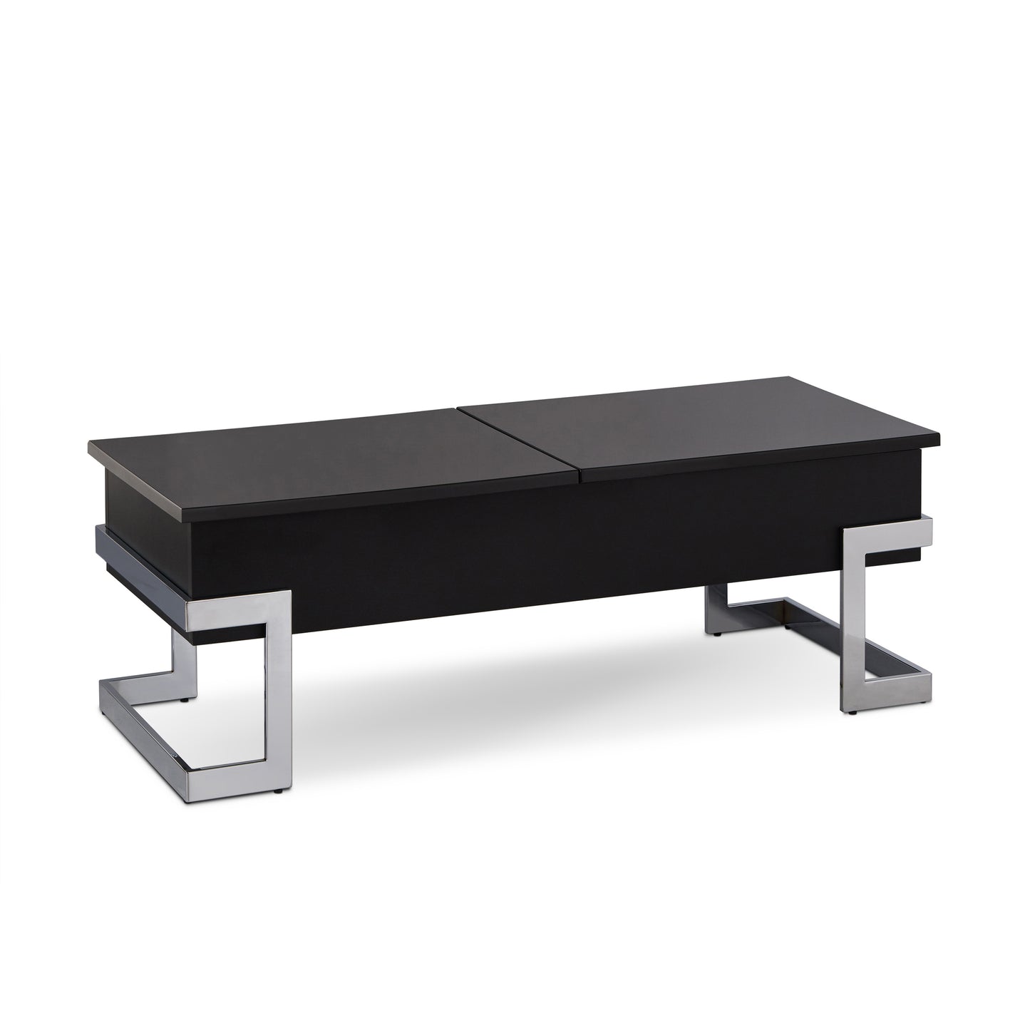 Sleek black lifttop coffee table with chrome square legs perfect for modern living rooms