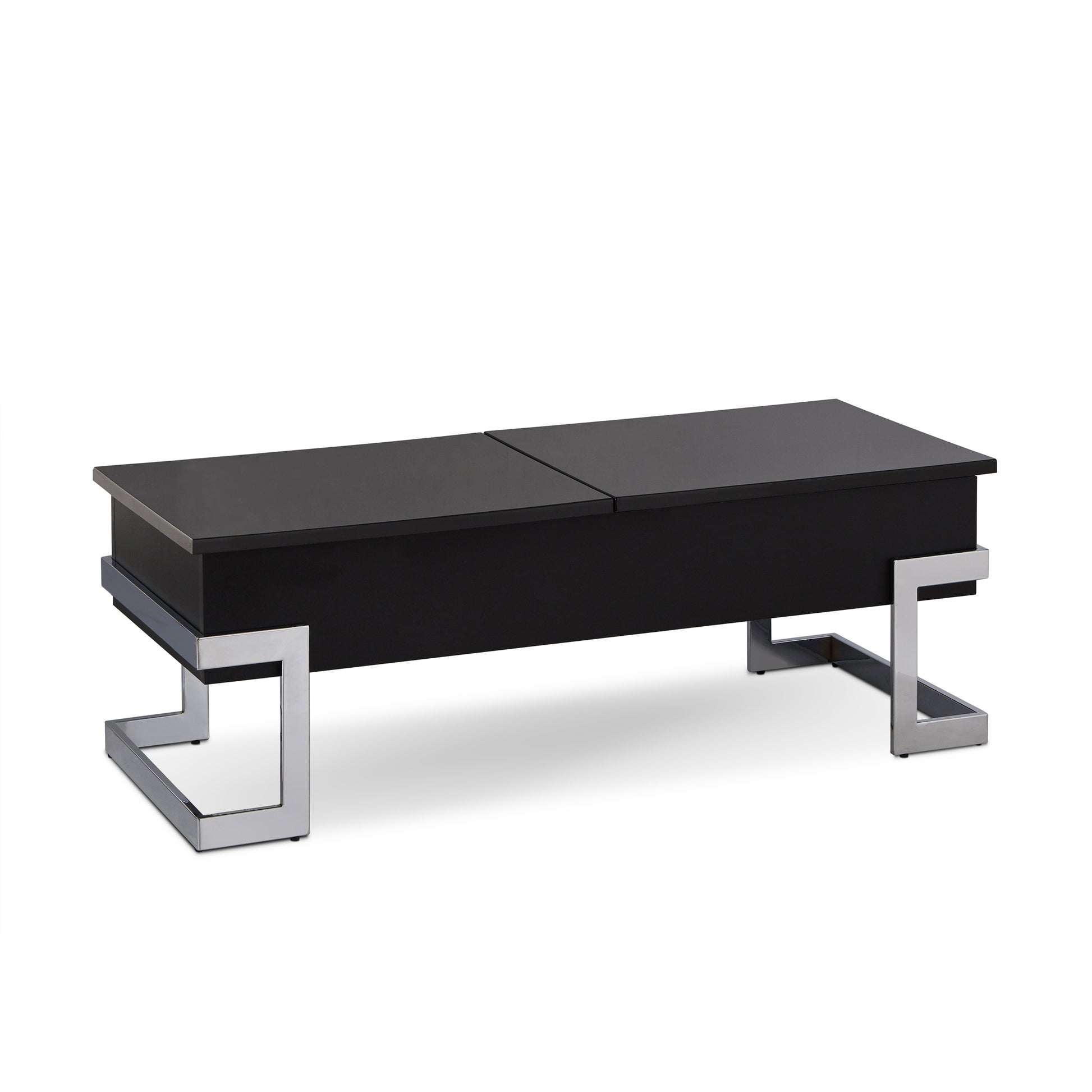 Sleek black lifttop coffee table with chrome square legs perfect for modern living rooms