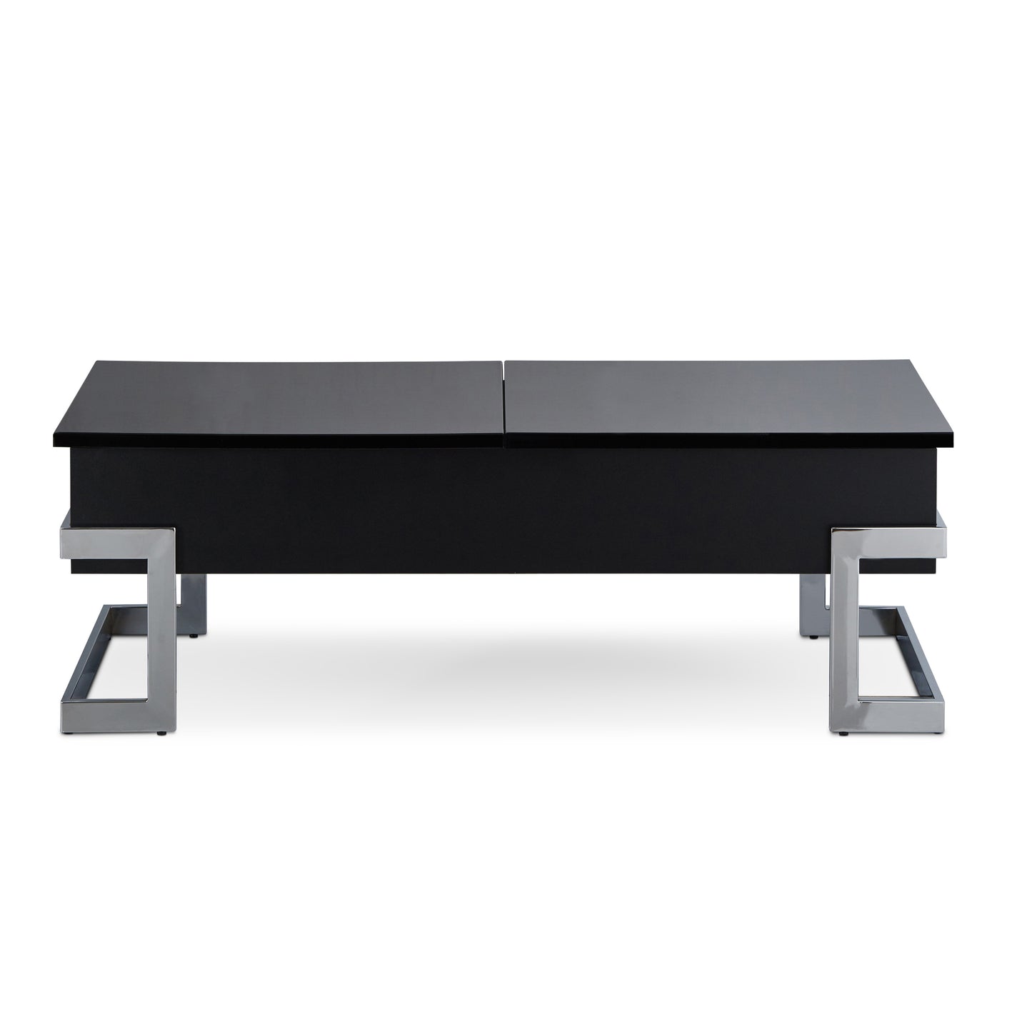 Sleek black lift top coffee table with modern chrome metal legs and a hidden storage compartment