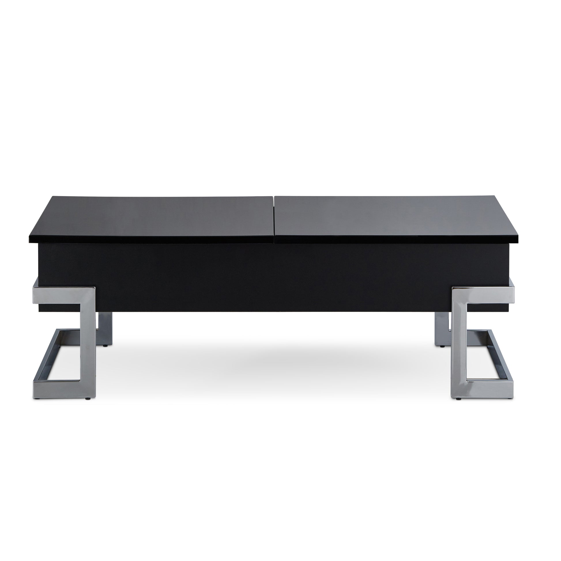 Sleek black lift top coffee table with modern chrome metal legs and a hidden storage compartment