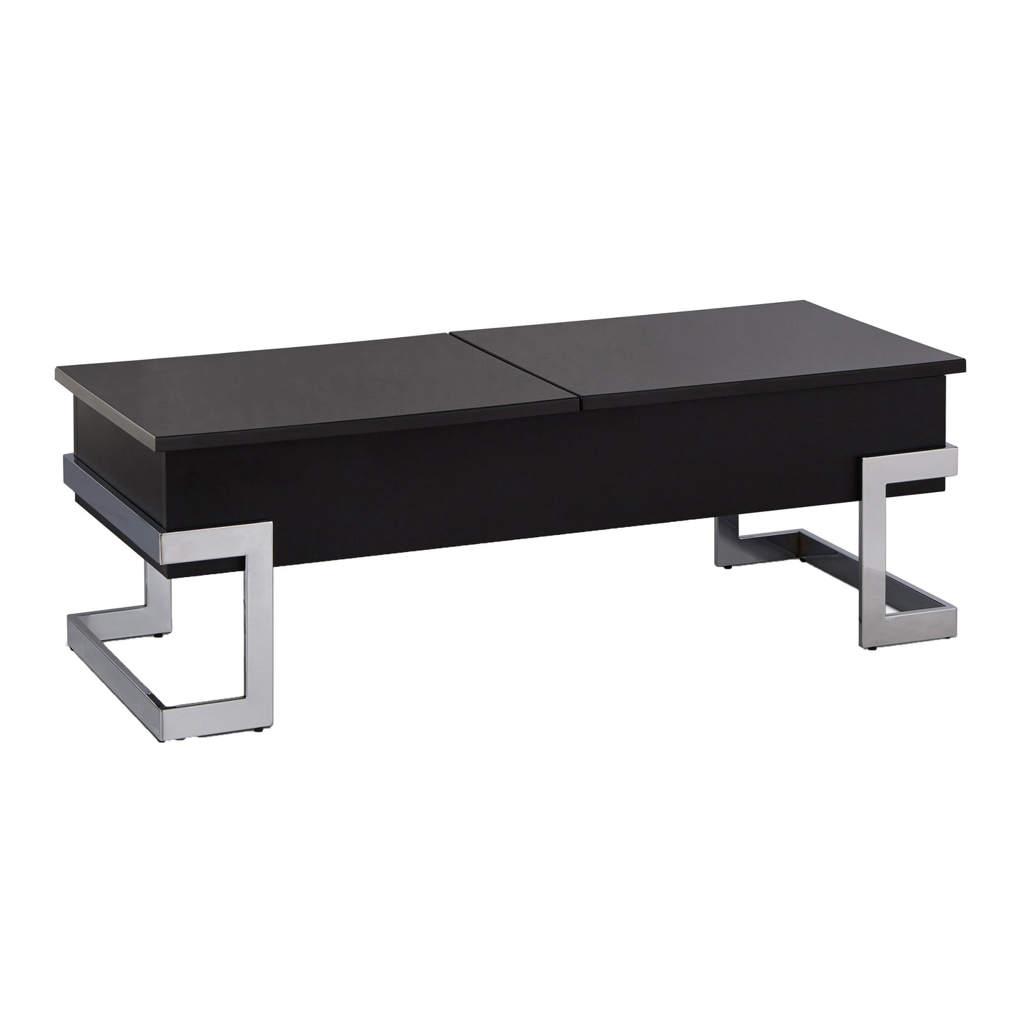 Modern black lifttop coffee table with sleek chrome square legs and ample storage for living rooms