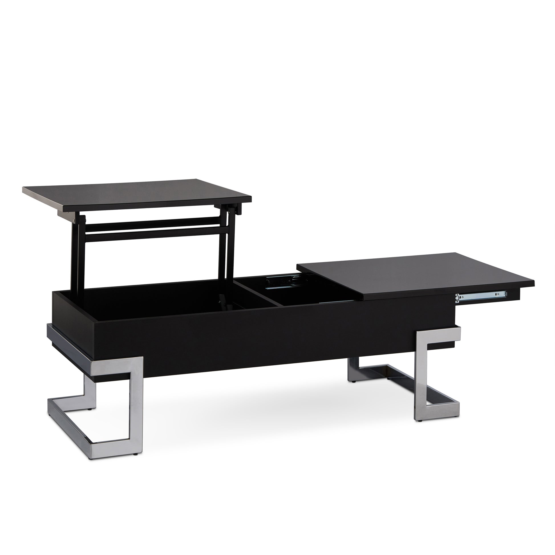 Black lifttop coffee table with hidden storage and chrome legs