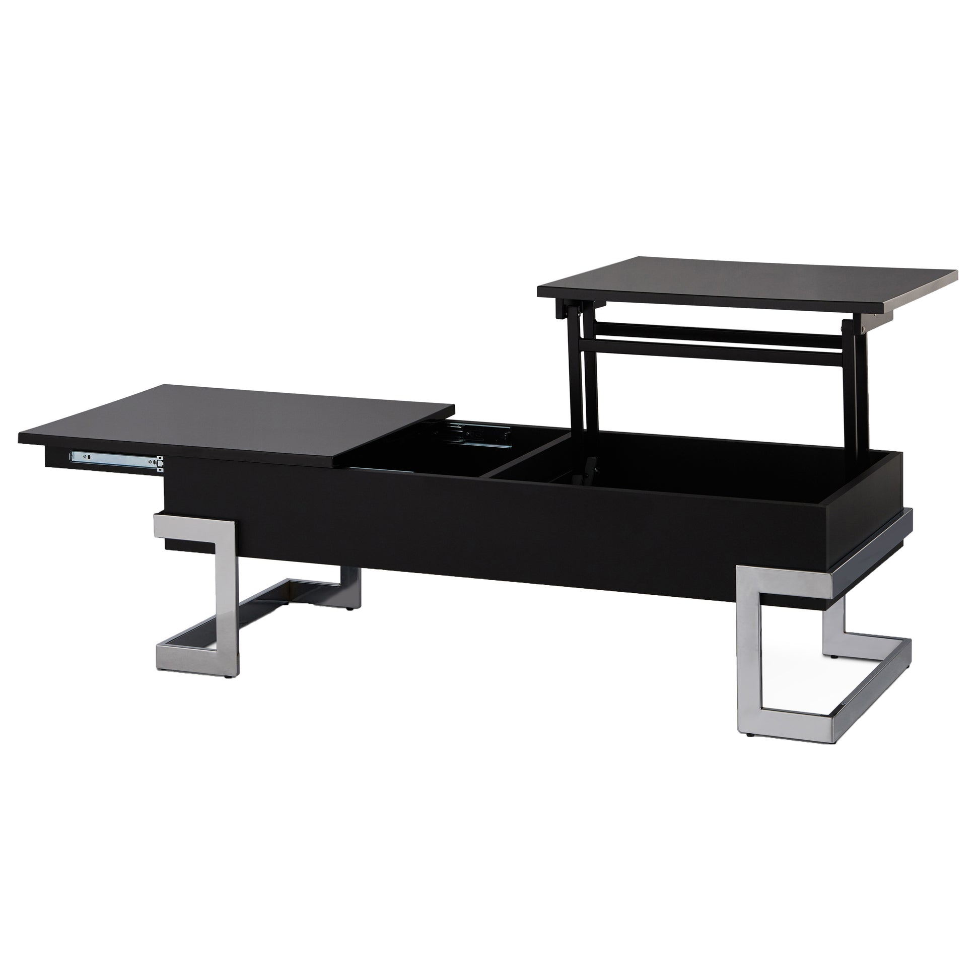 Black lift top coffee table with storage and chrome legs