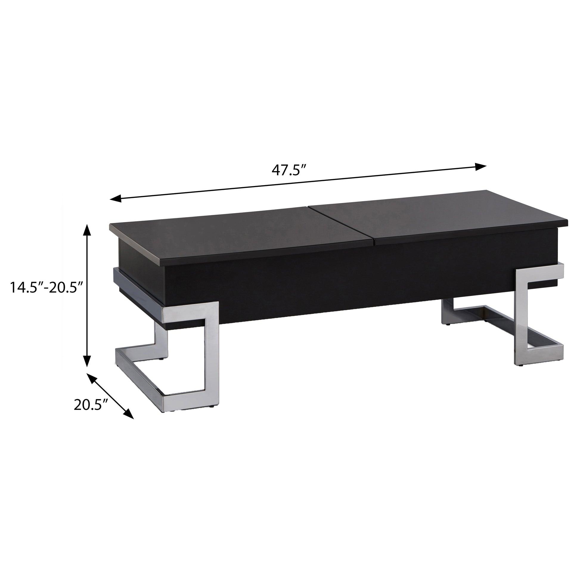 Black lifttop coffee table with sleek chrome legs and detailed dimensions shown