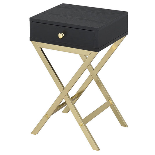 Black wooden bedside table with a single drawer and gold metal Xframe legs ideal for modern bedrooms