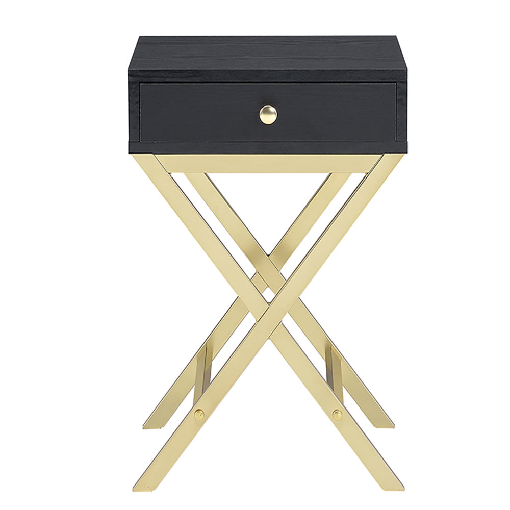 Black nightstand with gold Xframe base and single drawer