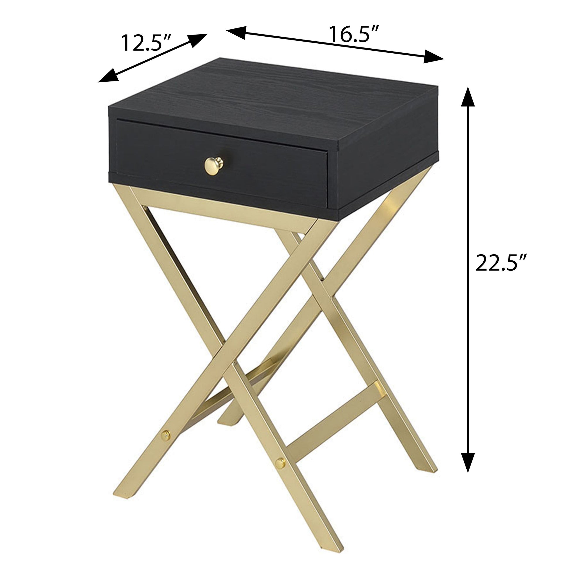 Black bedside table with gold Xframe base and single drawer