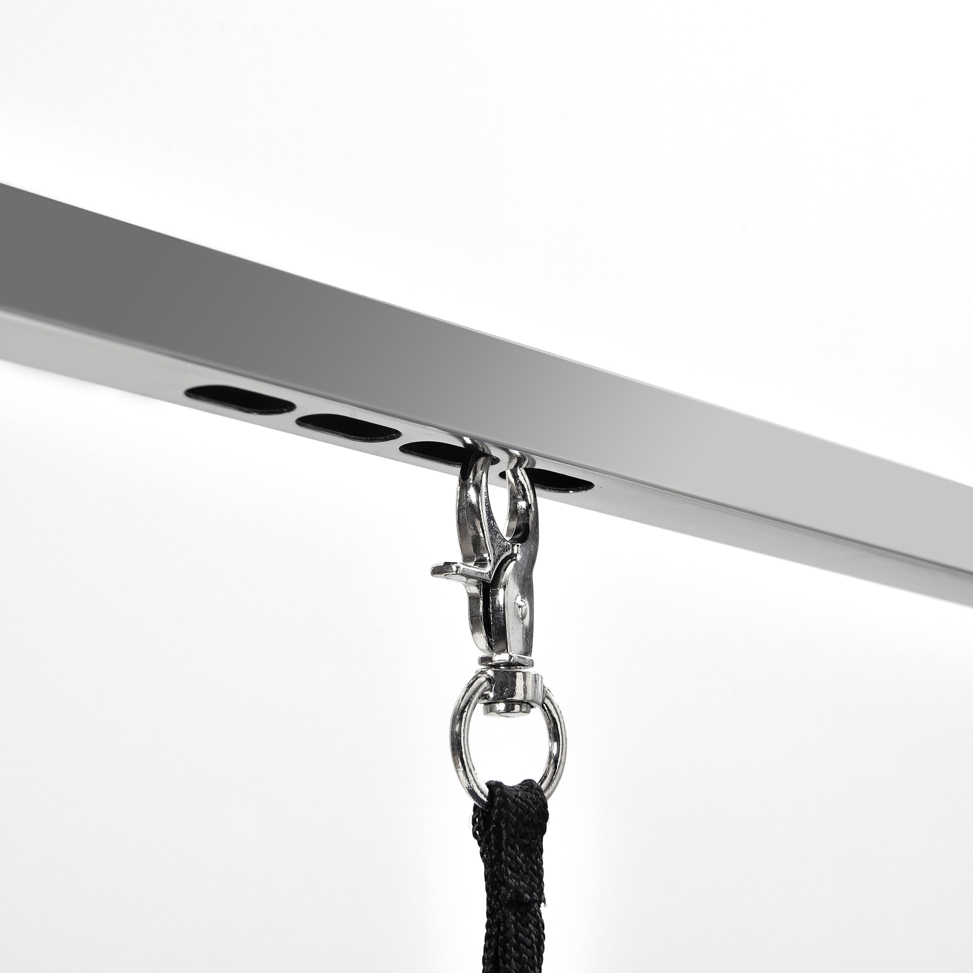 Sturdy metal carabiner clip attached to a black rope for secure fastening