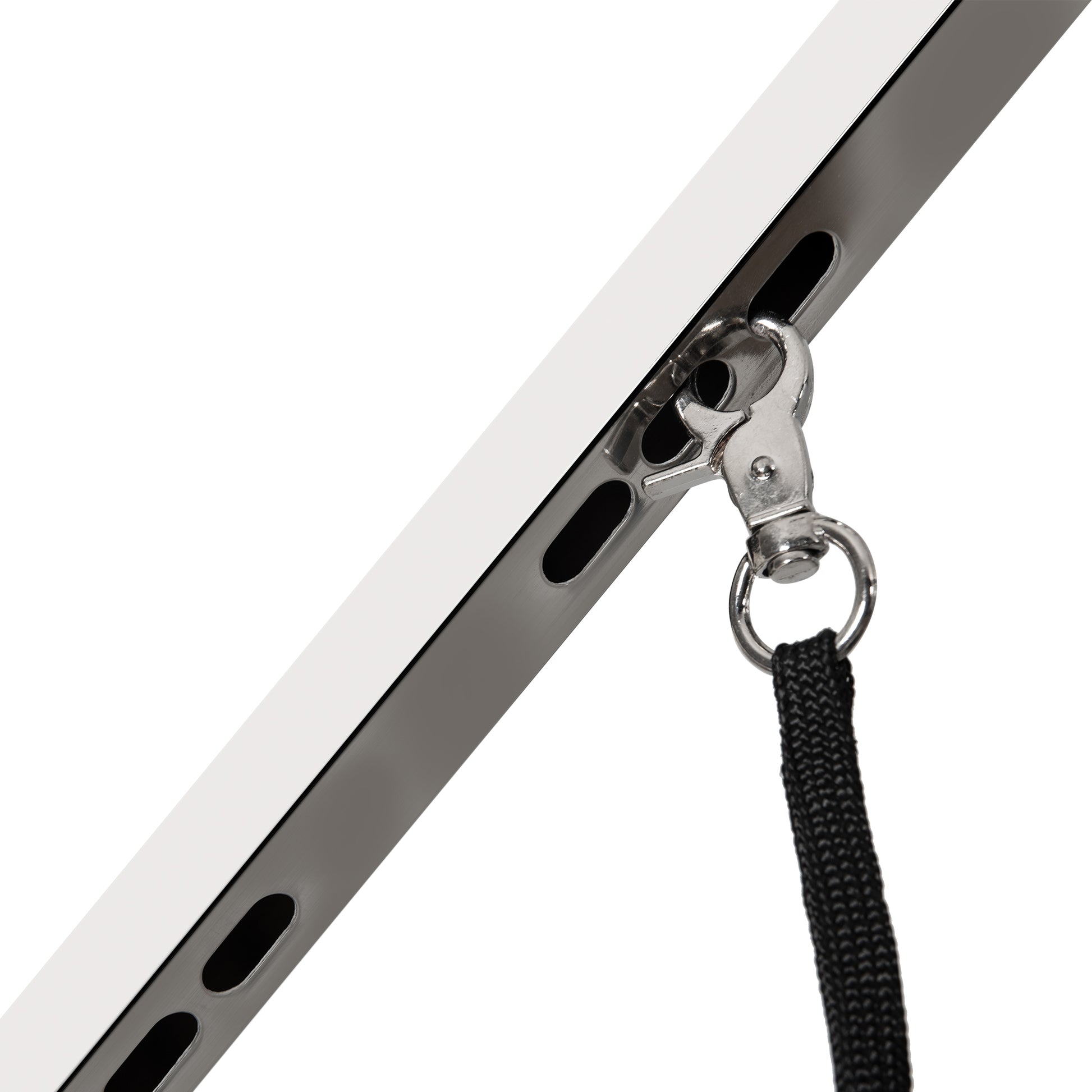 Closeup of a chrome snap hook attached to a black nylon lanyard on a sleek metallic surface