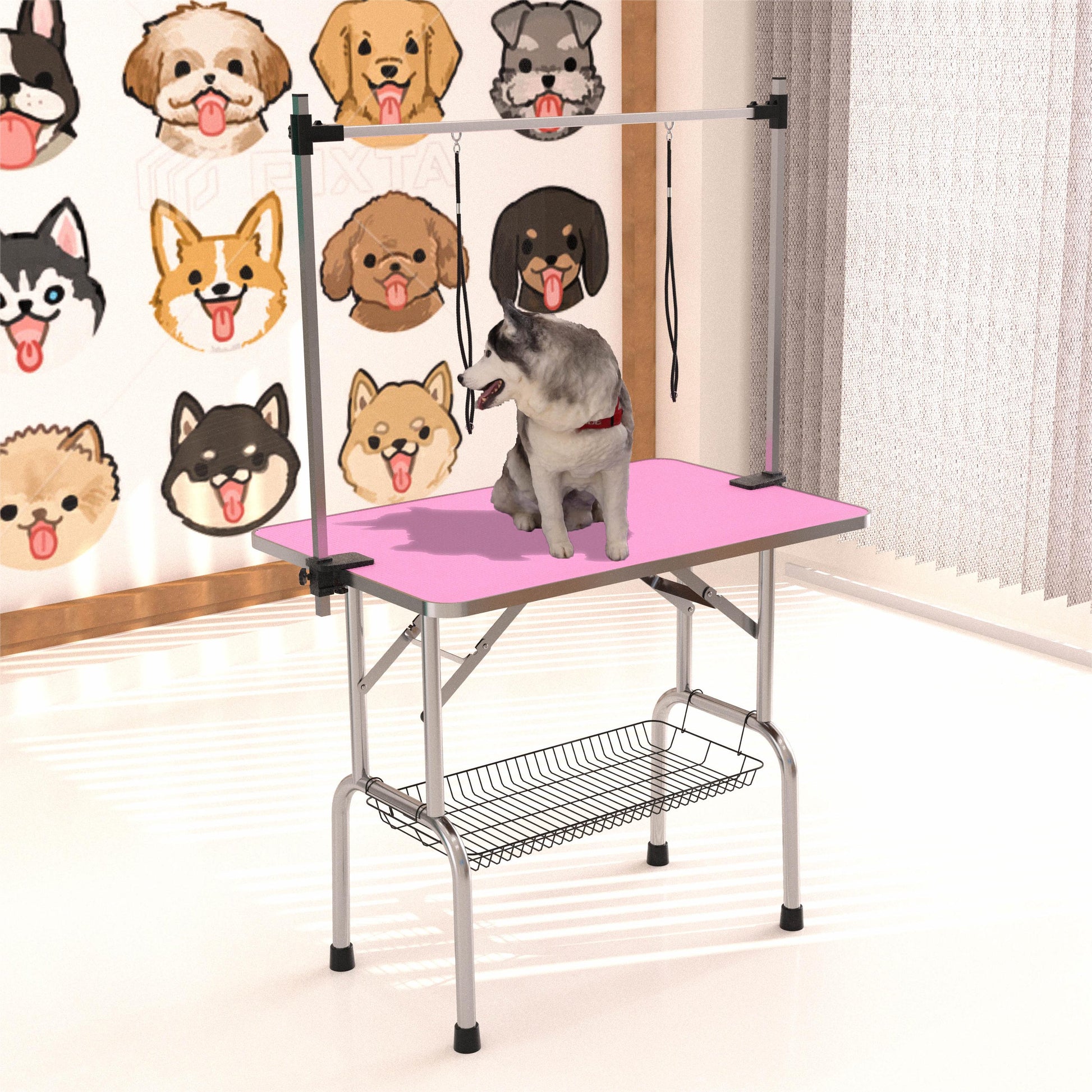 Adjustable pink grooming table with metal frame and storage basket perfect for pet grooming