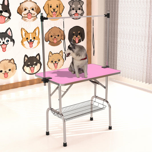 Adjustable pink grooming table with metal frame and storage basket perfect for pet grooming