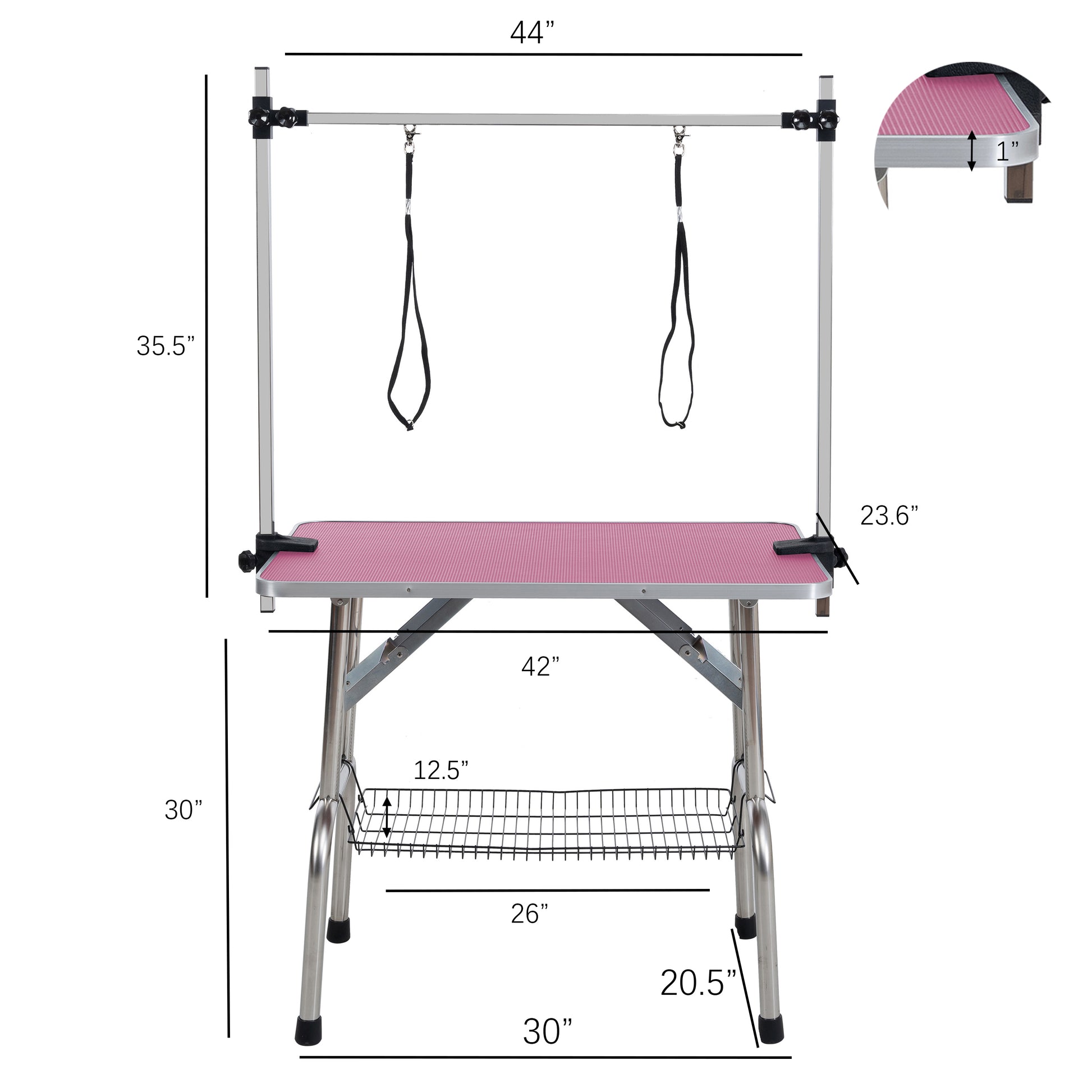 Adjustable grooming table with pink textured surface and secure restraints