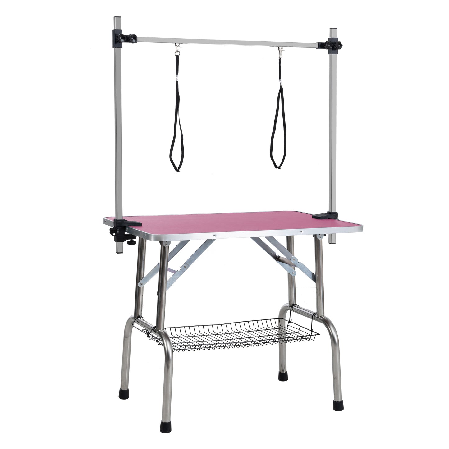 Pink grooming table with adjustable arm and two restraints featuring a wire basket underneath