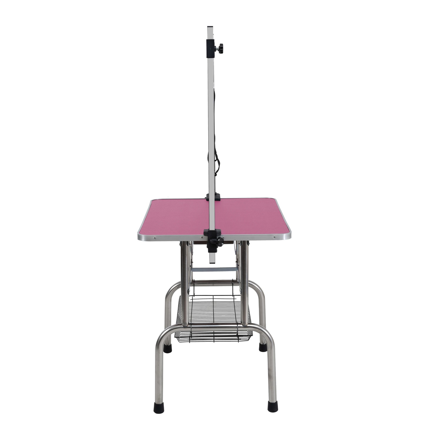 Pink textured grooming table with adjustable arm and storage basket