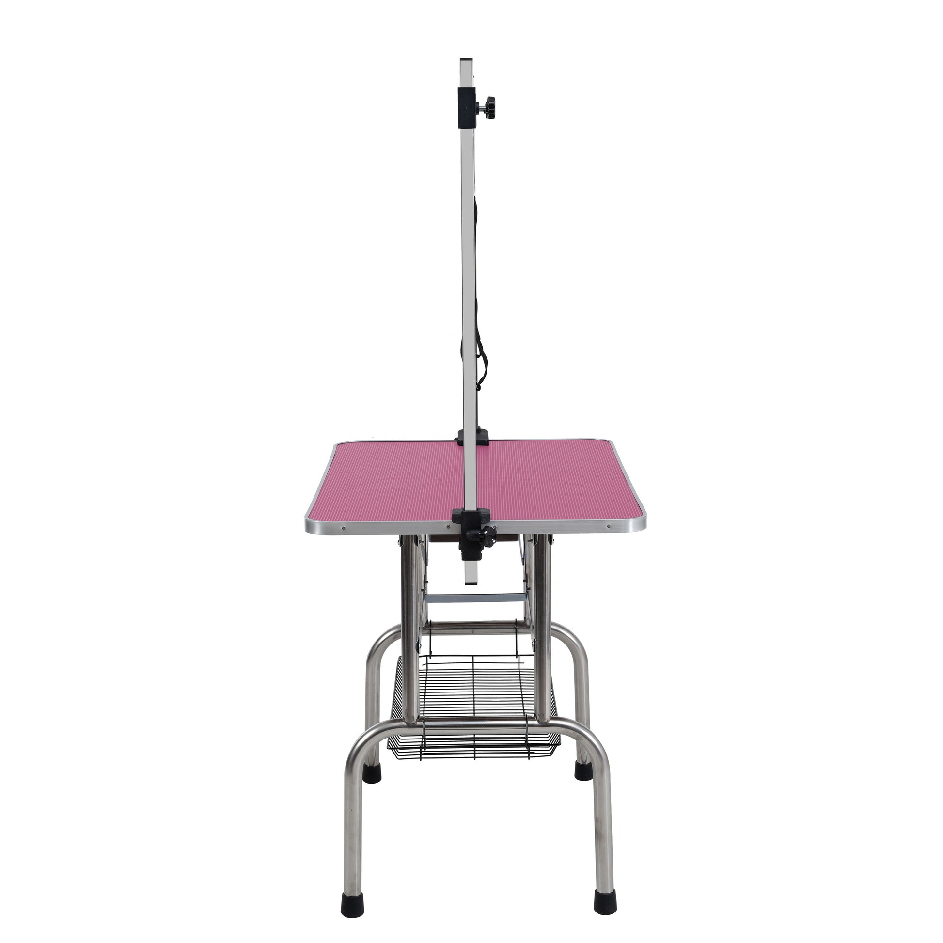Pink textured grooming table with adjustable arm and storage basket