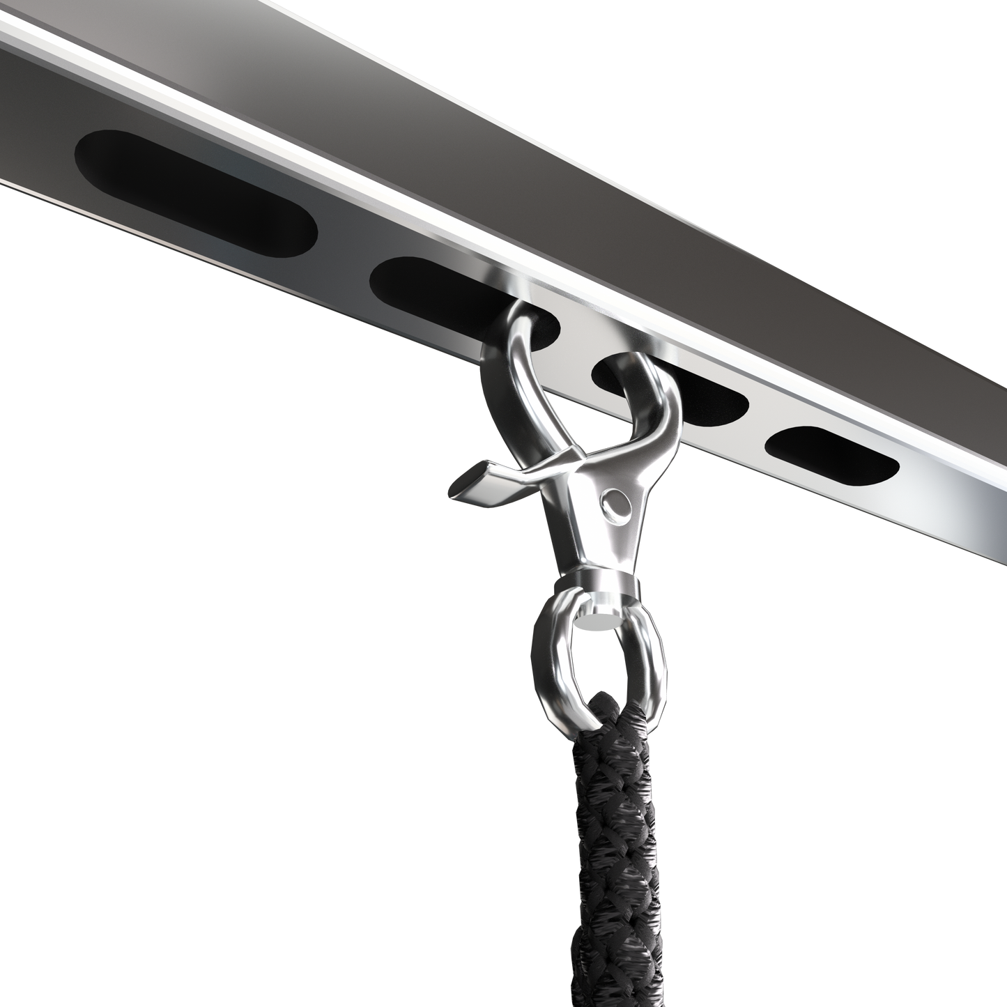Silver swivel clasp on a thick braided black rope attached to a metal support beam