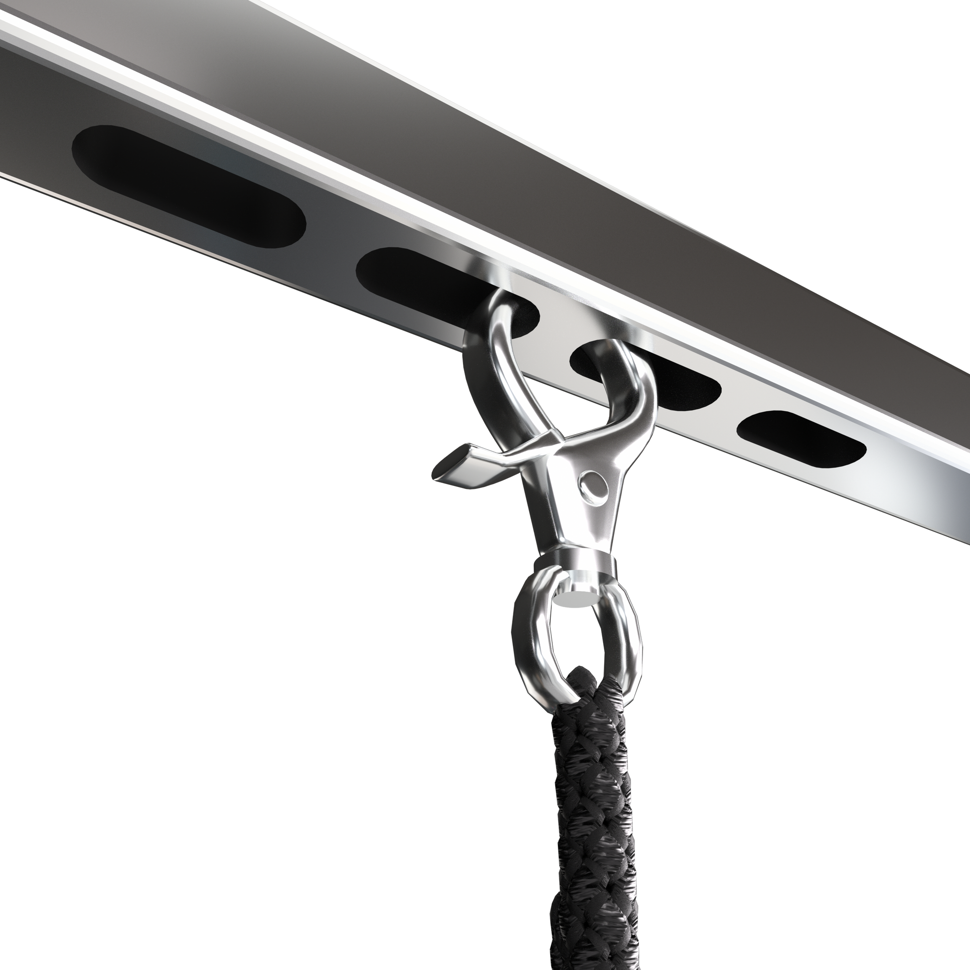 Silver swivel clasp on a thick braided black rope attached to a metal support beam