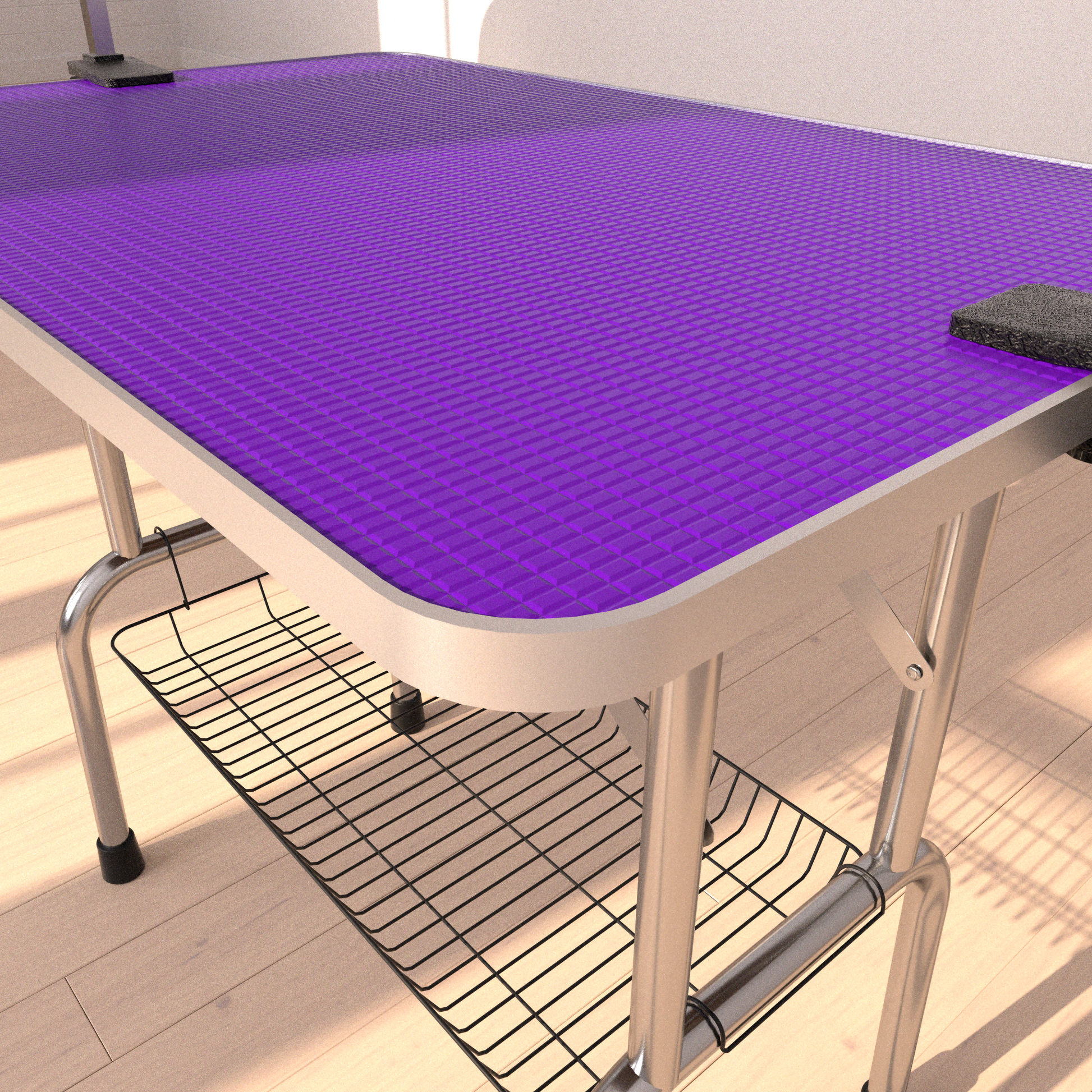 Purple textured pet grooming table with silver legs and undertable storage rack
