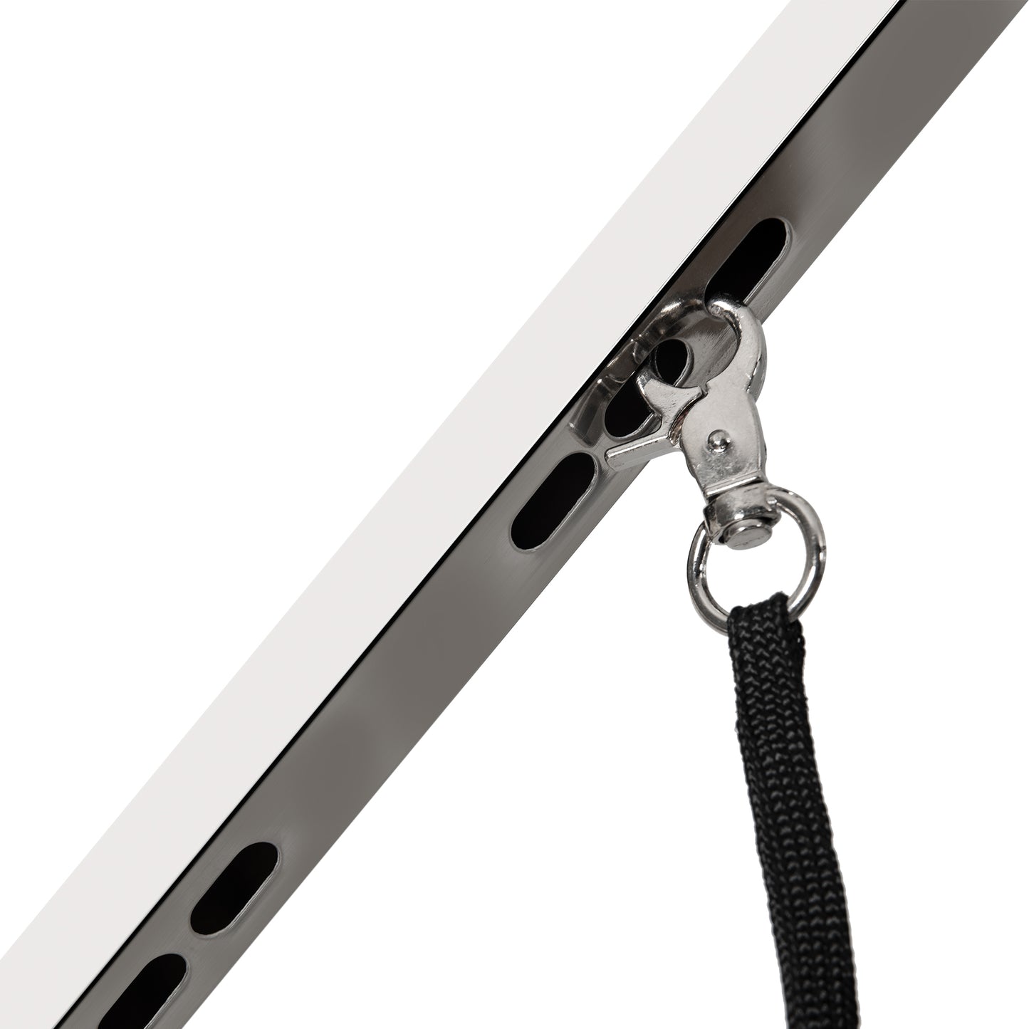 Closeup of a silver metal clip with a black rope tether attached to a white angled surface with slotted openings