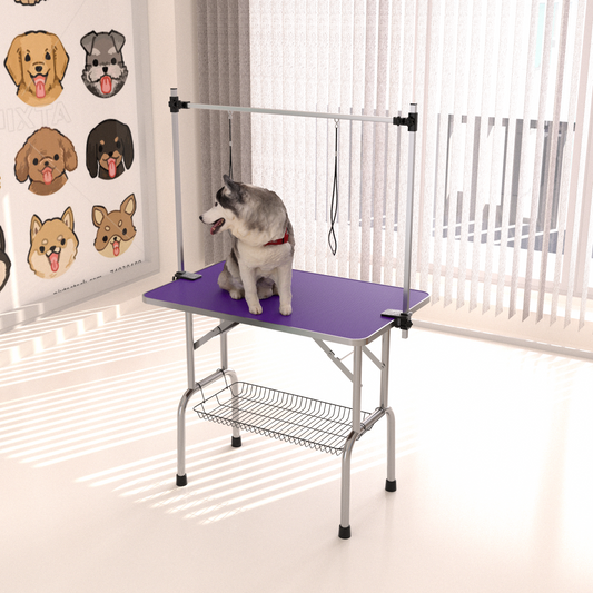 Adjustable grooming table with purple textured surface and secure noose for professional dog grooming