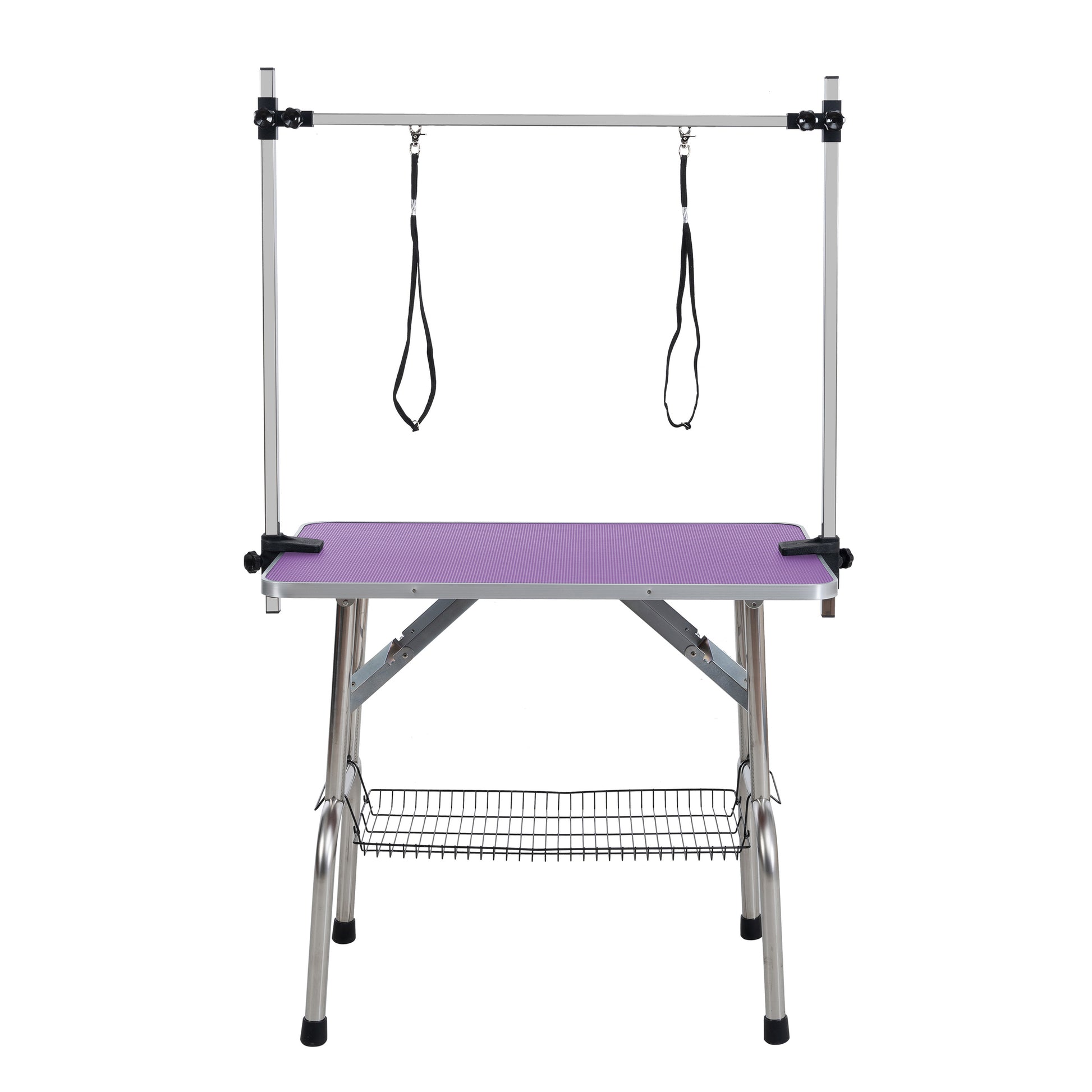 Purple dog grooming table with adjustable arms and safety straps