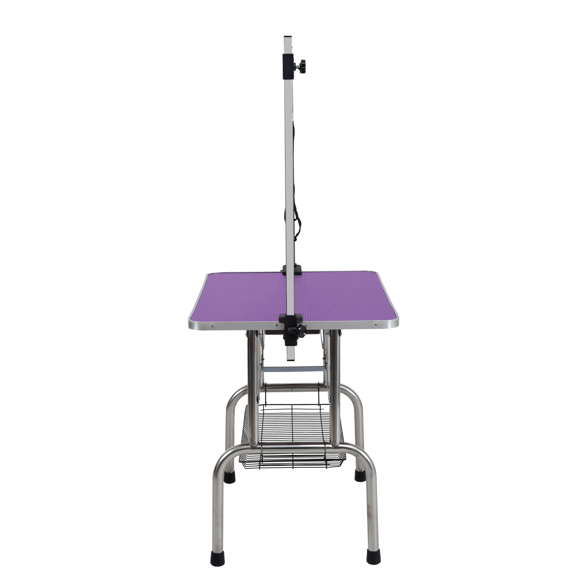 Purple grooming table with adjustable arm and wire basket ideal for pet styling