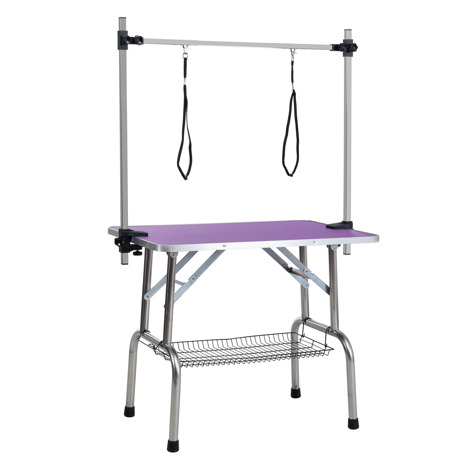 Adjustable grooming table with purple textured surface and adjustable noose restraints