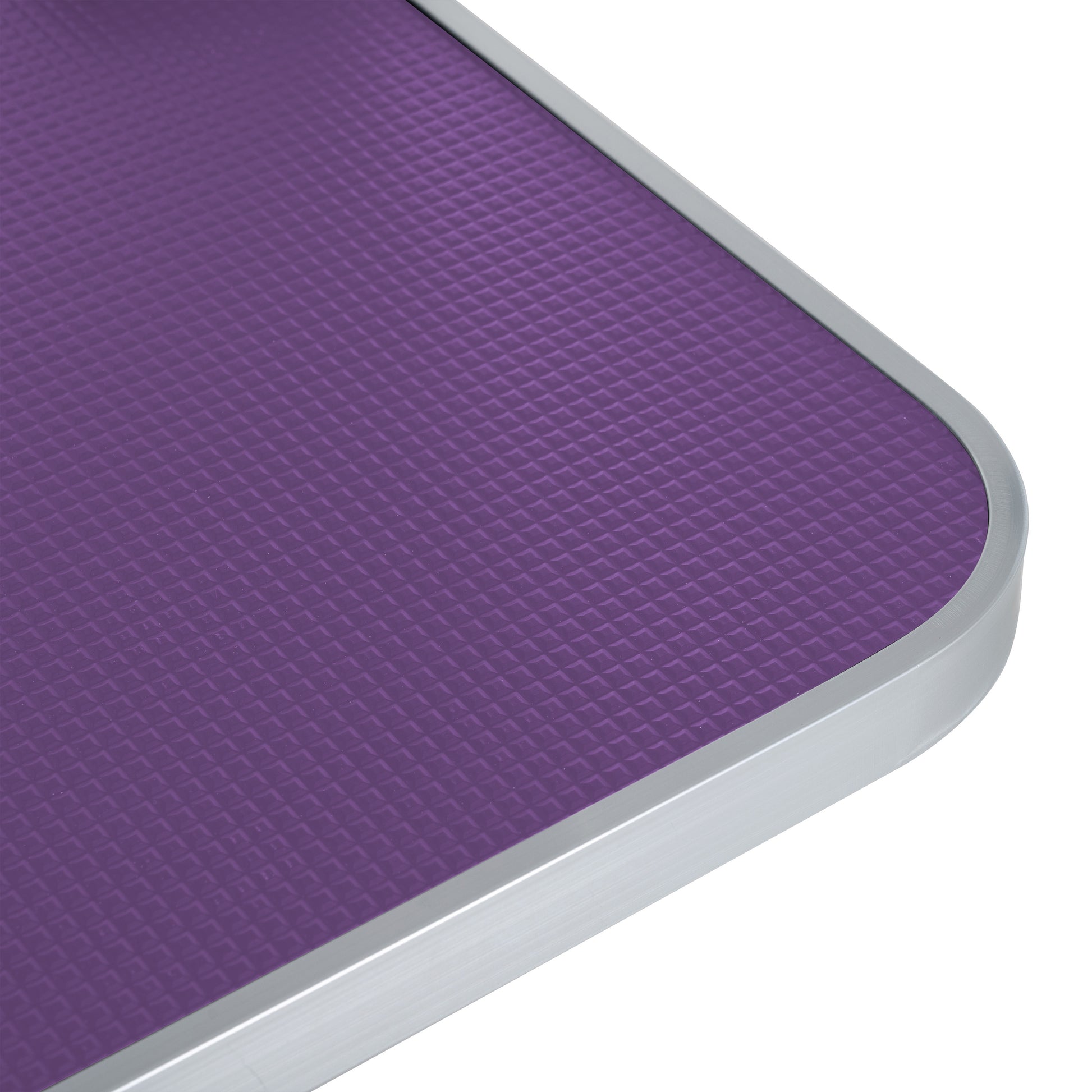 Purple textured nonslip dog grooming table surface with silver trim
