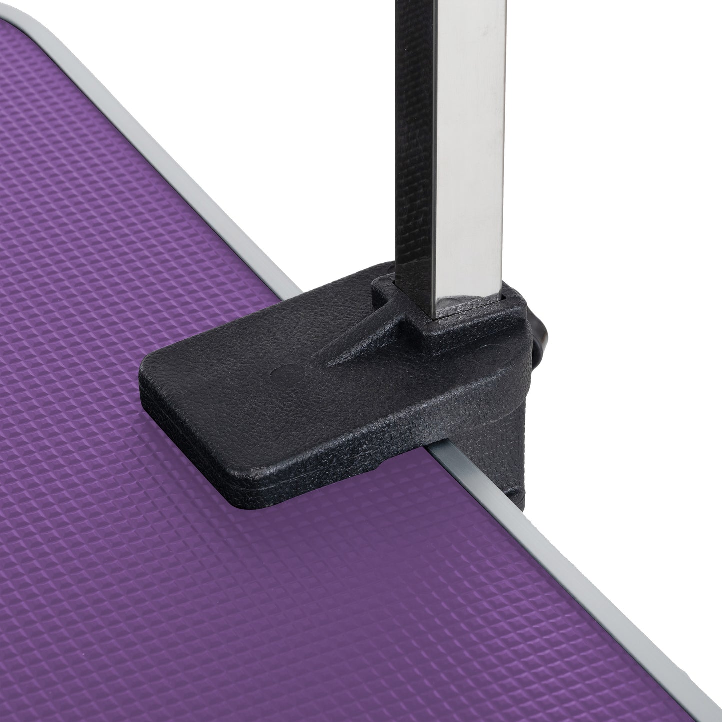 Purple textured grooming table surface with black clamp attachment and chrome leg