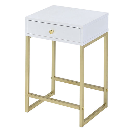 White end table with gold metal frame and single drawer