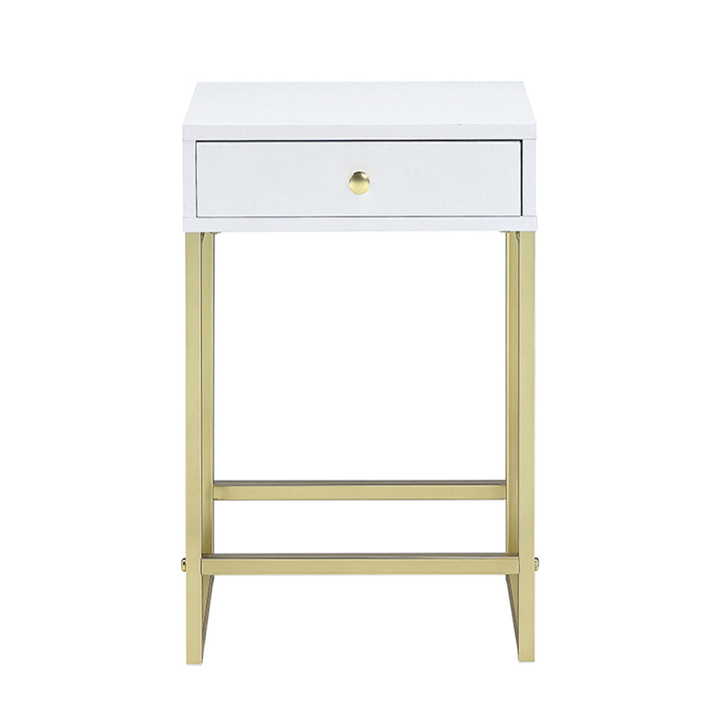 Modern white end table with gold metal legs and drawer