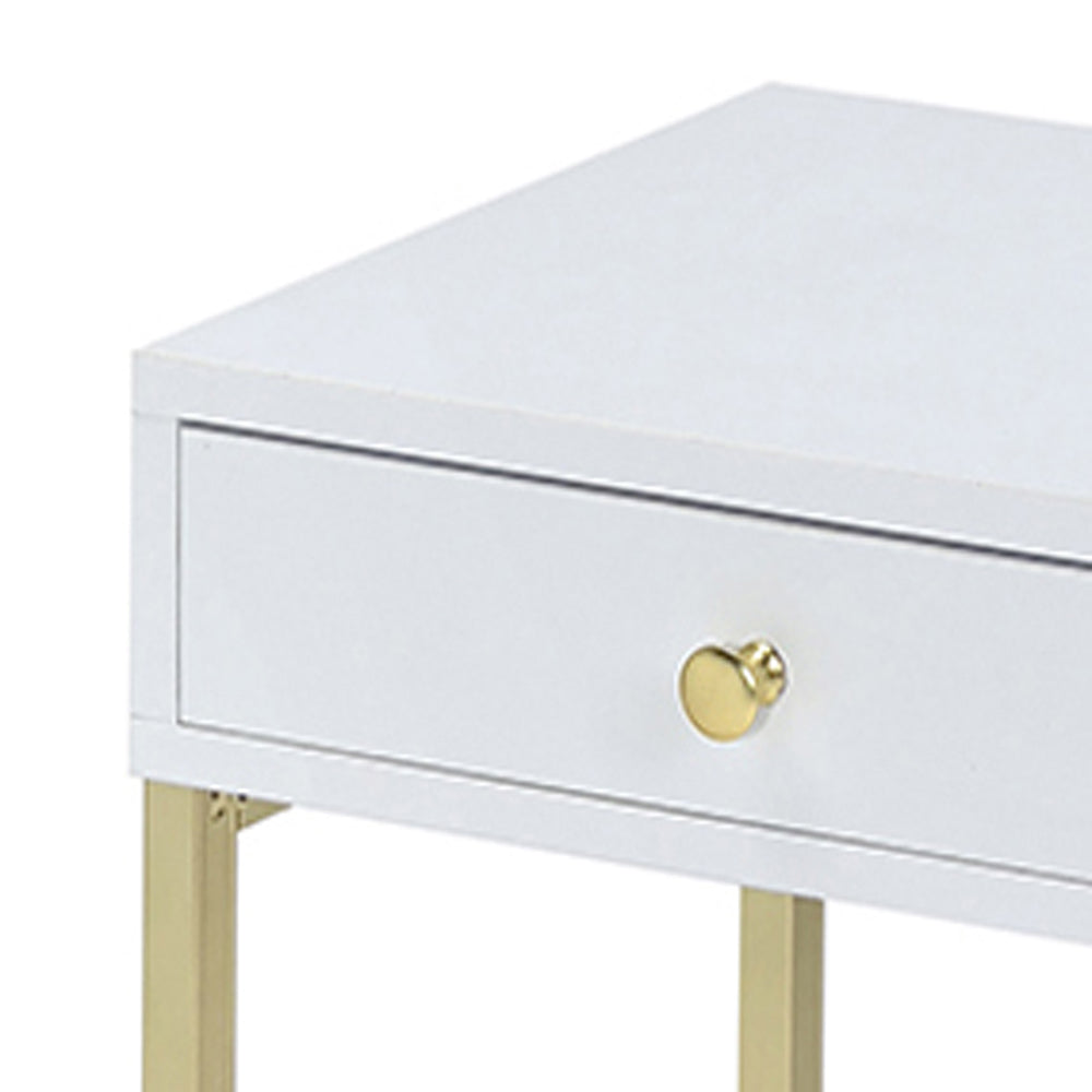 White modern nightstand with gold knob detail on drawer