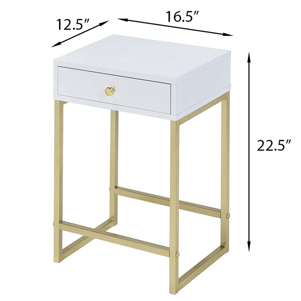 White end table with gold metal frame and one drawer  x  x