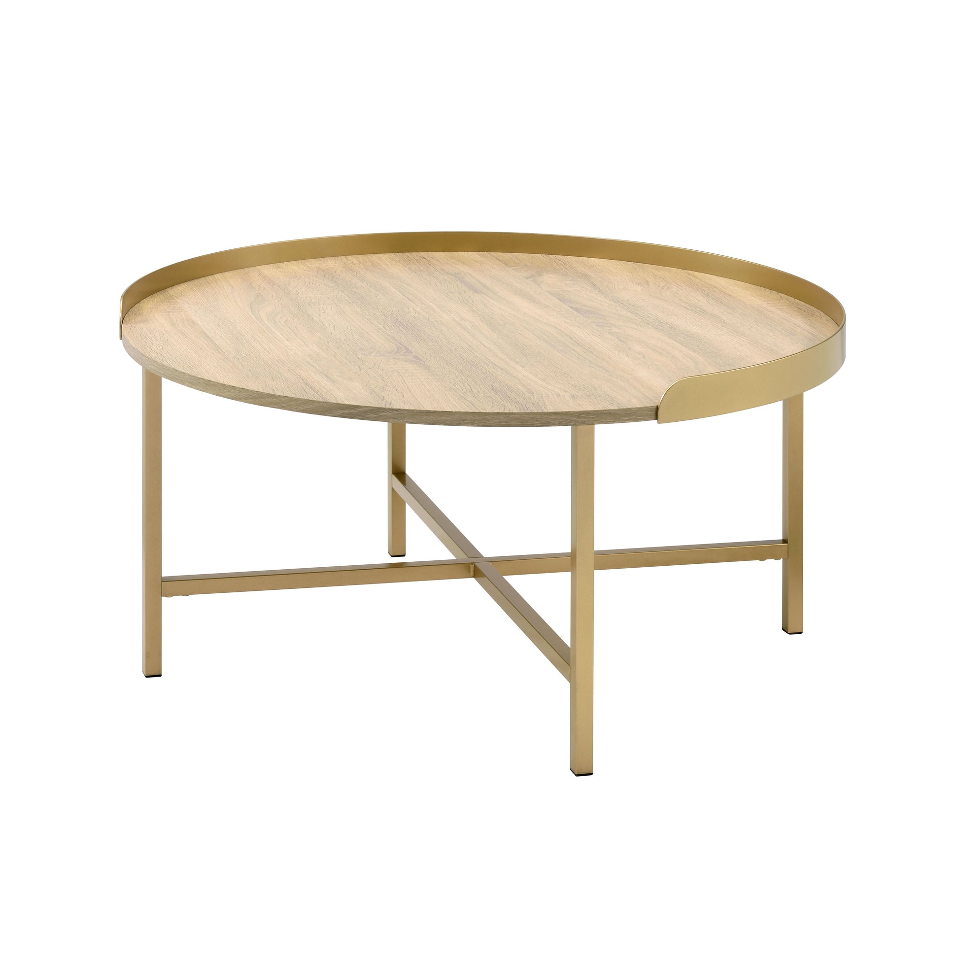 Round oak veneer coffee table with brushed gold metal base and rim