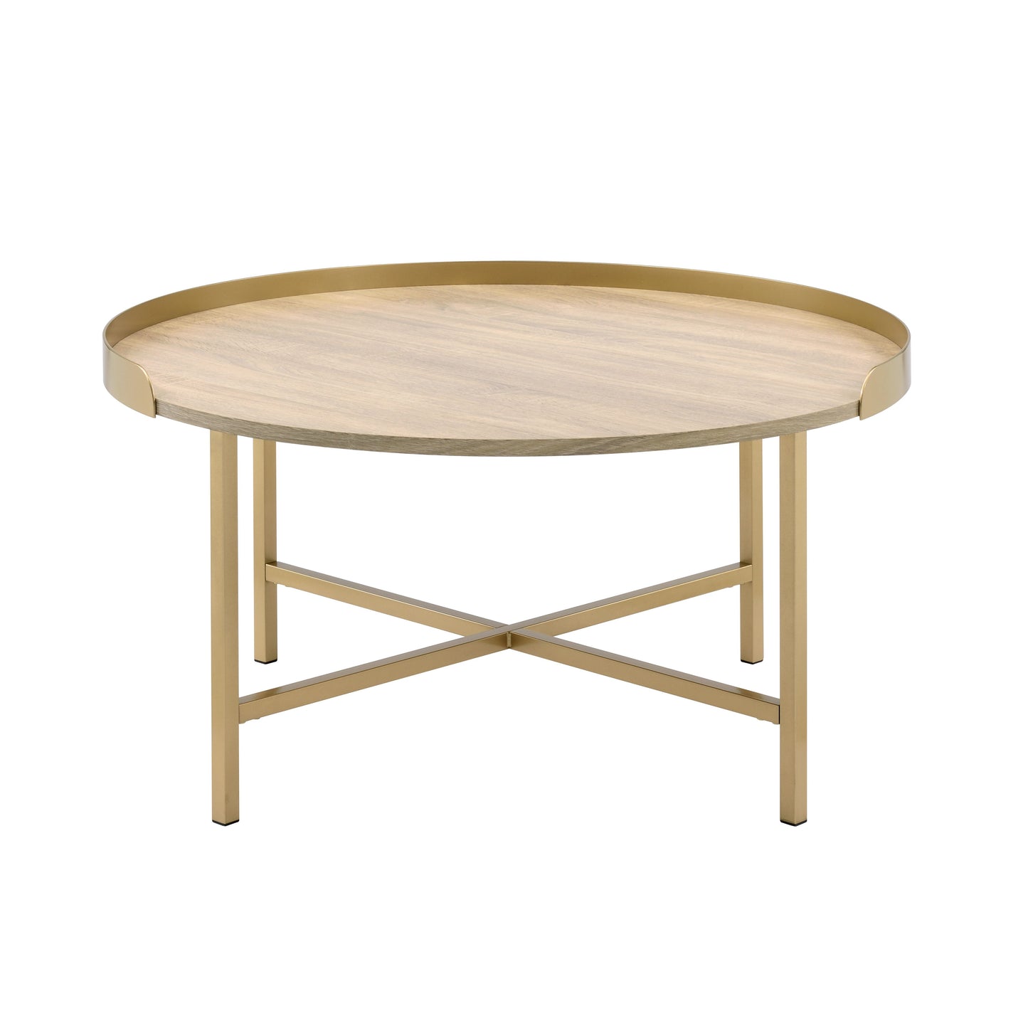 Round wood top coffee table with gold metal legs and tray edge