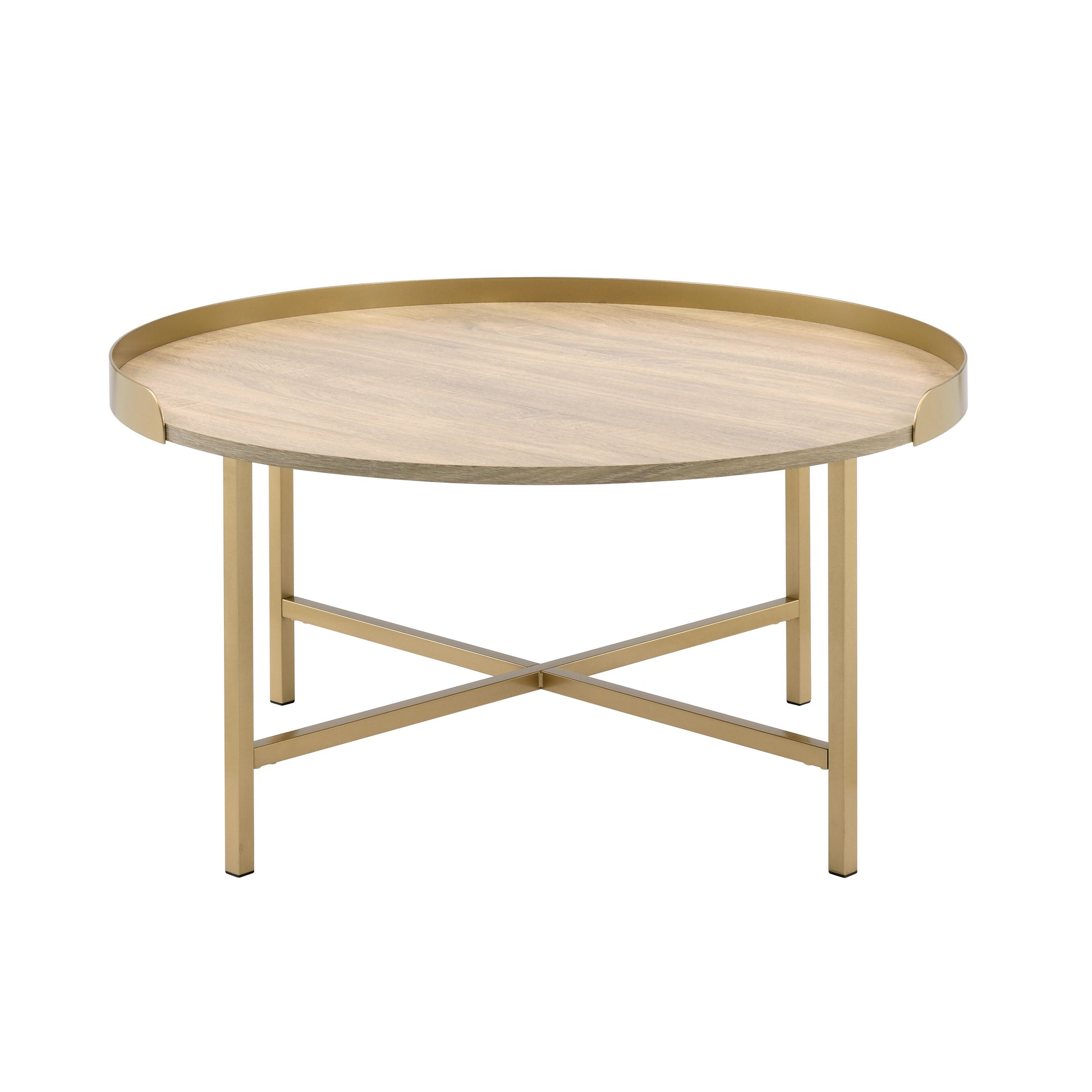 Round wood top coffee table with gold metal legs and tray edge