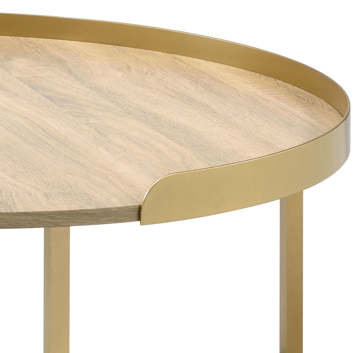 Oval wooden tabletop with gold metal trim and legs modern coffee table detail